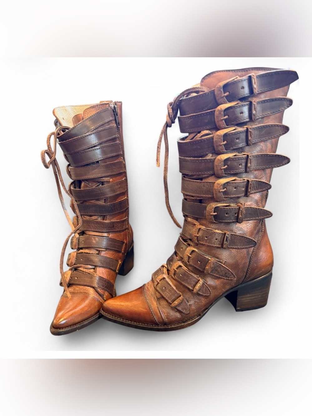 Freebird by Steven Stoke 7 cognac Women’s Brown Leather Buckle Mid-Calf Boots